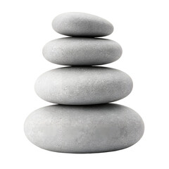 A stack of four smooth gray rounded river stones balanced perfectly on top of each other isolated on transparent background