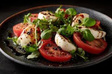 Fresh Caprese salad with juicy tomatoes and creamy mozzarella served on a black plate with green arugula and basil
