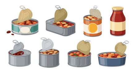 A collection of assorted canned food items featuring beans and sauce in various containers presented on a white background.