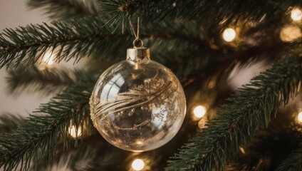 A clear glass ornament with decorative detailing hanging from a Christmas tree branch