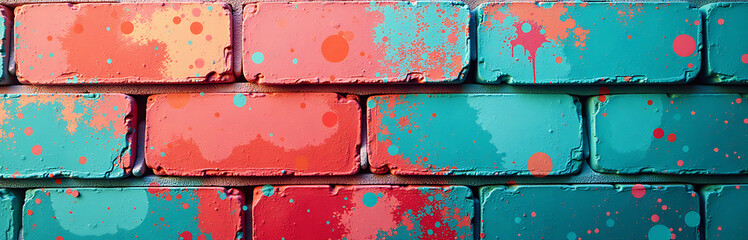 vibrant swirls turquoise coral hues dance across weathered brick wall splattered bold brushstrokes warm