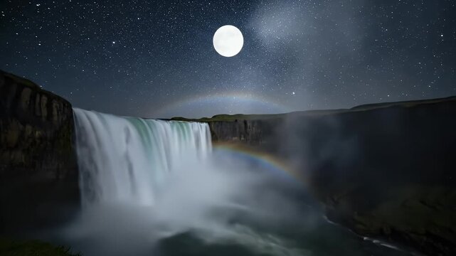 Full moon over a majestic waterfall at night with a starry sky and a subtle moonbow.