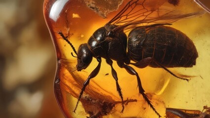 A close-up of a bee entombed in amber, preserved with intricate detail