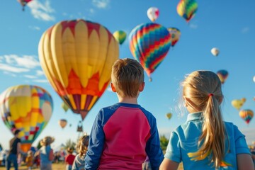 Children watching colorful hot air balloons take off at festival, joyful outdoor atmosphere.