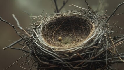 A close-up of a bird's nest, meticulously crafted with twigs, housing a single egg