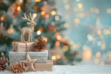 Christmas Reindeer Figurine, Rustic Gifts, and Star with Warm Bokeh Lights