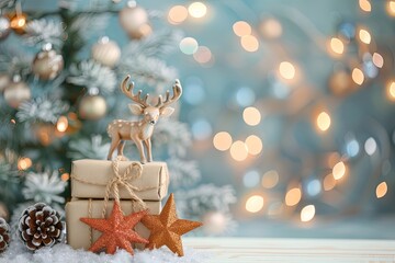 Christmas Reindeer Figurine, Rustic Gifts, and Star with Warm Bokeh Lights