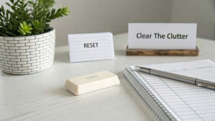 Organize Your Workspace with Reset Tool, Minimalistic Plant, Notebook, and Inspirational Sign for Clutter-Free Setup