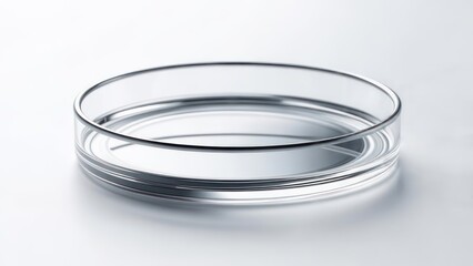 A close-up of a clear, empty petri dish with a reflective surface, isolated on white