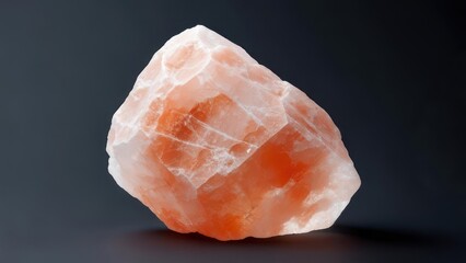 A close-up of a crystalline, pinkish-orange rock on a dark background