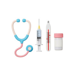 Essential Medical Tools Set Stethoscope Syringe Thermometer and Medicine Bottle on Black