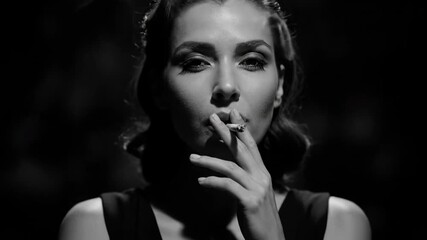 classy women smoking, Cinematic Black and White Portrait of a Mysterious Woman Smoking.