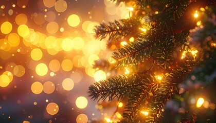 Christmas tree illuminated with warm, bokeh lights. Winter holiday glow