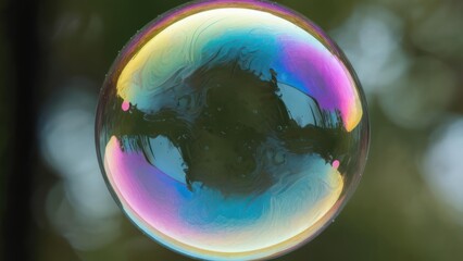 A close-up of a shimmering, iridescent soap bubble with reflections of its surroundings