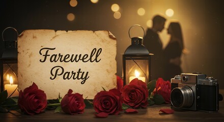 Romantic farewell party scene with a vintage camera, roses, and a couple in the background, illuminated by candles.