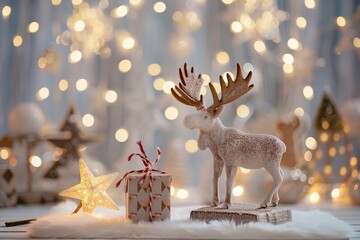 Christmas Reindeer Figurine, Rustic Gifts, and Star with Warm Bokeh Lights
