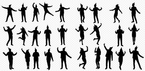 A collection of black silhouettes of people wearing party hats, dancing and celebrating in various poses.