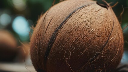 A close-up view shows a textured coconut, focusing on its brown, fibrous shell and dark seams