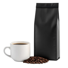 A white ceramic coffee cup filled with dark hot coffee next to a pile of roasted coffee beans and a black opaque bag isolated on transparent background