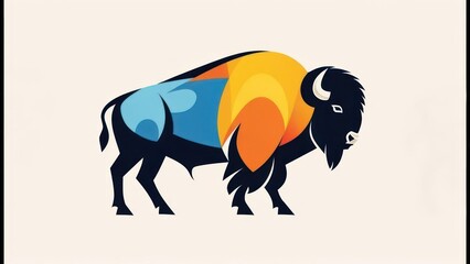 A colorful graphic of a bison, composed of abstract shapes and gradients, standing tall