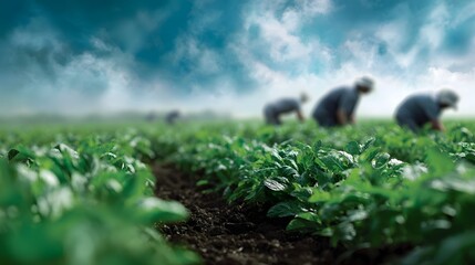 Farmers working in rows of lush green crops under a dynamic cloudy sky