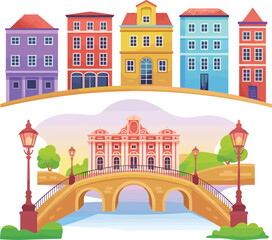 Colorful European city architecture with bridge and street lamps, scenic travel illustration, tourism landmark, urban landscape, cultural heritage art design
