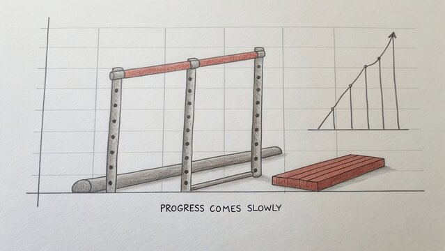 Minimalist illustration showing gym equipment, exercise progress graph, and motivational phrase about slow development in fitness