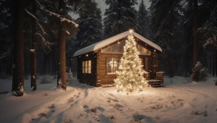 A cozy cabin scene at night, a glowing Christmas tree in front, snow falling in forest