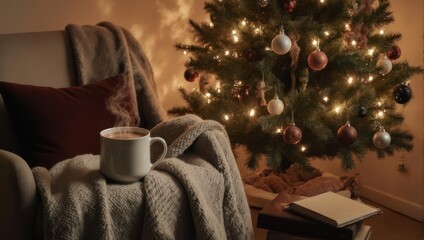 A cozy Christmas scene mug of warm beverage on armchair, lit tree, soft lighting, book