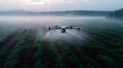 Fototapeta premium An agricultural drone sprays crops in a misty field at dawn showcasing modern farming technology in a serene rural landscape