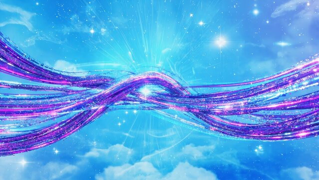 Vibrant cosmic energy streams glowing purple across blue sky filled with stars, symbolizing fantasy, creativity, futuristic inspiration, digital art, spiritual connection, and universal harmony.