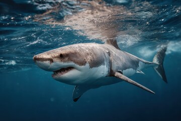 Naklejka premium Great white shark swimming gracefully through the clear blue ocean depths in a captivating underwater environment