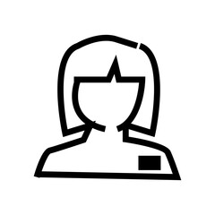 Clean line icon of a woman with straight hair and bangs, featuring a geometric style and a small square detail on her clothing.