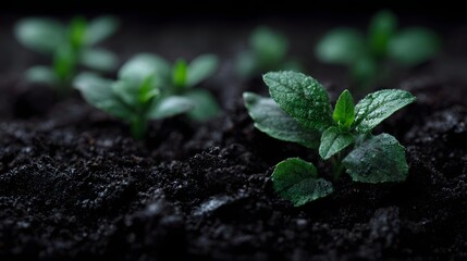 Naklejka premium A young green seedling emerges from dark fertile soil in a detailed ro shot symbolizing new growth