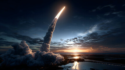 Rakete hebt in der Dämmerung über der Erde in den Weltraum ab 