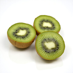 Fototapeta premium Three kiwi fruits are cut in half and placed on a white background