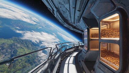 A futuristic space station orbiting Earth with large transparent window and seed storage pods inside, agriculture in space, sustainability, innovation, technology and interplanetary colonization.