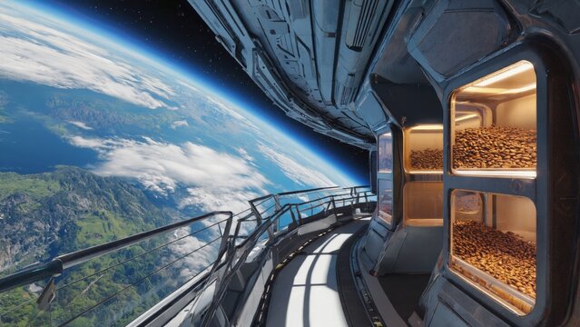 A futuristic space station orbiting Earth with large transparent window and seed storage pods inside, agriculture in space, sustainability, innovation, technology and interplanetary colonization.