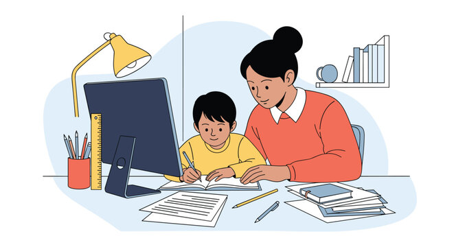 A mother and her child study together at a desk.