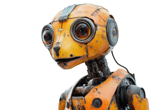 Detailed portrait of a cute yellow robot with big eyes, sci-fi character, droid, isolated on transparent background
