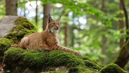 Natural Wildlife Portrait of a Lynx Lying on Mossy Rock in Forest