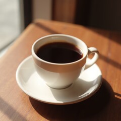 A cup of coffee sits on a white saucer on a wooden table