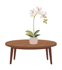 Flat vector illustration of a wooden coffee table with a potted orchid plant, minimalist mid-century modern style, isolated on transparent background, perfect for interior design themes
