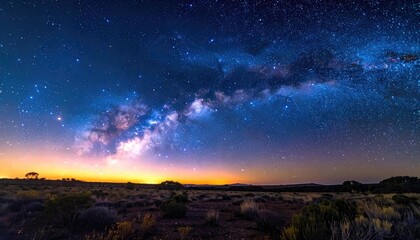 Fototapeta premium Night sky over desert landscape, Milky Way galaxy visible
