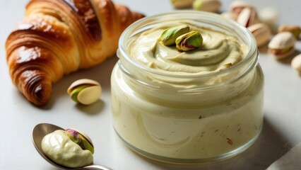 A croissant sits near a jar of creamy pistachio spread and scattered nuts on a marble surface