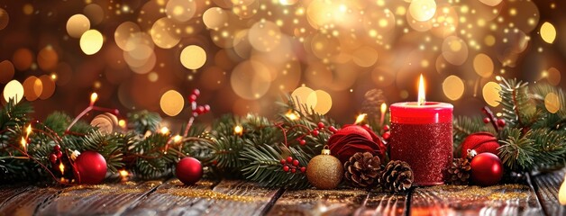 Warm Christmas Candlelight, Ornaments, and Bokeh on Dark Rustic Wood