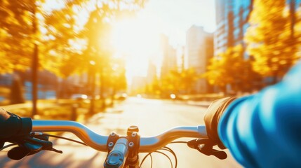 Cycling through a vibrant city during sunrise in late autumn