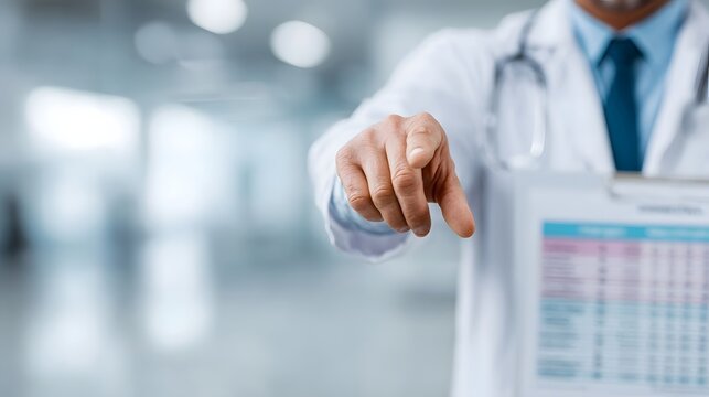 A doctor in a white coat points forward with a clipboard containing a medical chart in a brightly lit clinic signifying professional guidance