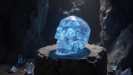 A crystal skull rests on a rock pedestal inside a dimly lit cave, with smaller crystals nearby