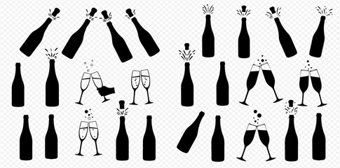 Set of black silhouette icons featuring champagne bottles popping and glasses toasting for celebration.